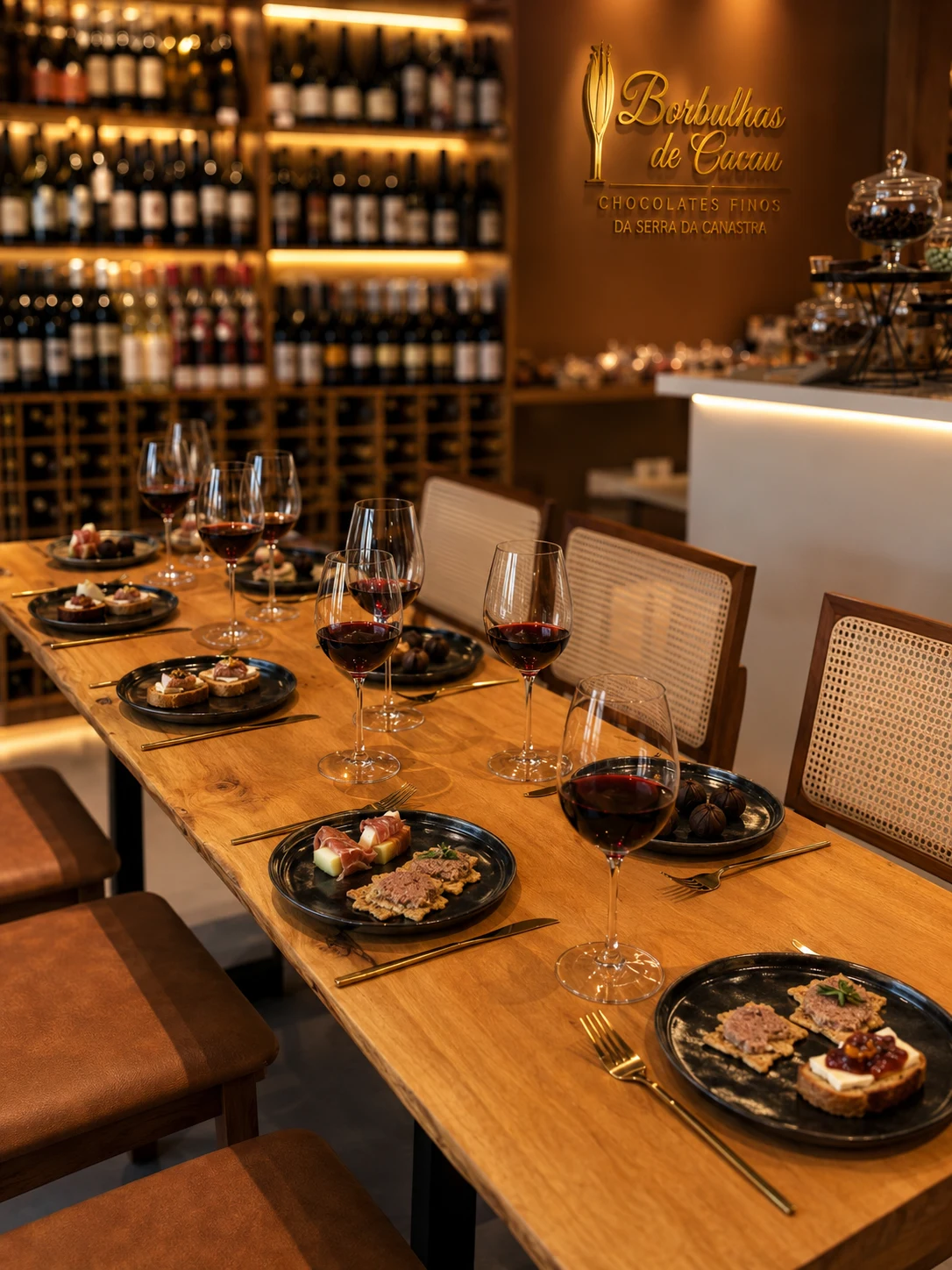 Mesa do evento Copa do Mundo dos Vinhos — taças e finger foods na Borbulhas de Cacau